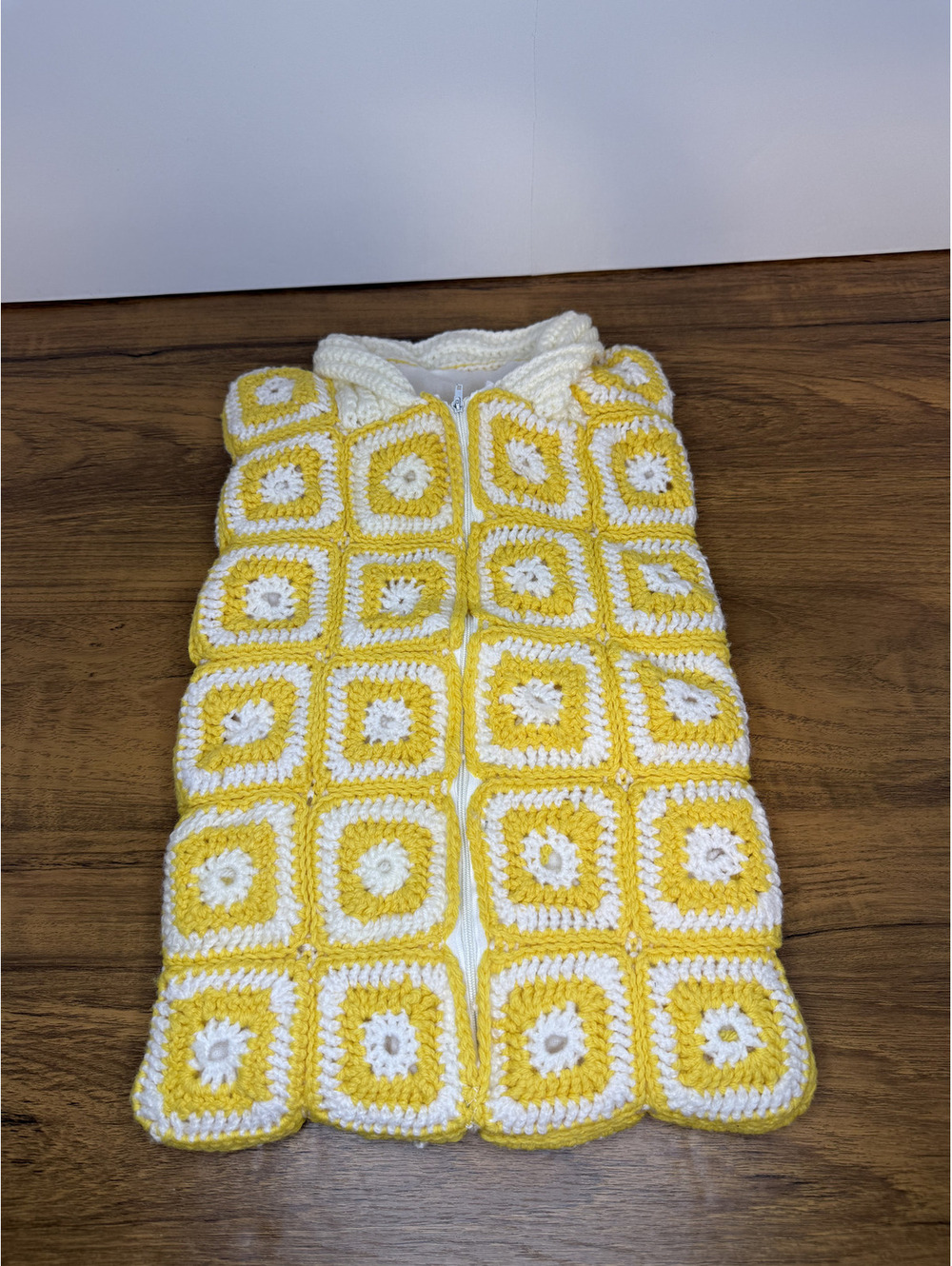 Handmade Vintage Crochet Baby Bunting Bag  Yellow & White Granny Square